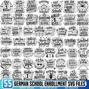 May include: A collection of 55 black and white digital designs featuring German phrases related to the first day of school, including illustrations of school buses, backpacks, pencils, rockets, and graduation caps for educational projects.