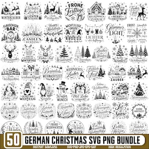 May include: A collection of 50 black and white digital designs featuring German Christmas themes, including reindeer, snowmen, gnomes, pine trees, and festive typography. Each circular or square graphic contains holiday-related text and icons.