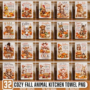 May include: A collection of twenty rectangular kitchen towels featuring illustrations of animals including cows, pigs, owls, and rabbits, each paired with autumn-themed text like Thankful Grateful Blessed, Coffee and Crisp Air, and Pumpkin Season Is Here.