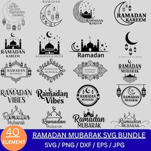 Puede incluir: Un conjunto de 40 elementos SVG de Ramadan Mubarak en blanco y negro. Los diseños incluyen lunas crecientes, linternas, mezquitas y texto. Disponible en formatos SVG, PNG, DXX, EPS y JPG.