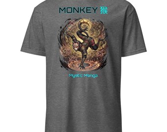 T-shirt met aap (猴) uit de Chinese dierenriem, mystiek manga aap-shirt, astrologisch metalen apenteken-shirt, top met Aziatische hemelse sterrenbeelden, esote