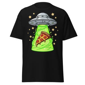 Alien UFO Abducting Pizza T-Shirt | Funny Sci-Fi Retro Tee | Weirdcore Graphic Shirt | 90s Vintage Style Apparel