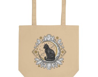 Tarot Black Cat Celestial Tote Bag, Witchy Aesthetic Canvas Bag, Goth Cat Tote, Mystical Shopper Bag
