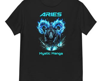 Koszulka z nadrukiem Baran, koszulka z motywem Mystic Manga Baran, koszulka z astrologicznym znakiem ognia, top z gwiazdozbiorem niebieskim, ezoteryczny prezent