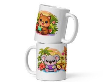 Kubek Kawaii Koala Kangur Quokka — Tryptyk Chibi Trio Tropical — Wystrój Plaży