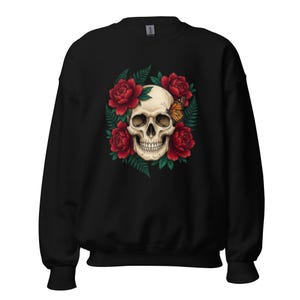 Gothic Skull and Roses Sweatshirt | Dark Romantic Floral Pullover | Memento Mori Aesthetic | Edgy Alt Clothing