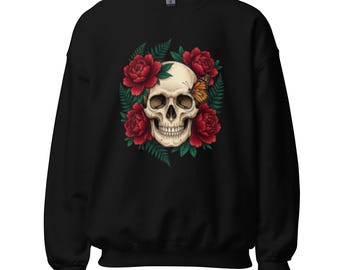 Gothic Skull and Roses Sweatshirt | Dark Romantic Floral Pullover | Memento Mori Aesthetic | Edgy Alt Clothing