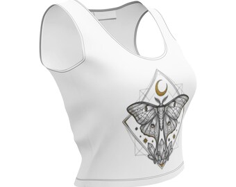 Celestial Luna Moth Crop Top | Witchy Moon Phase Shirt | Dark Academia Goth Graphic Tee | Mystical Crystal Top
