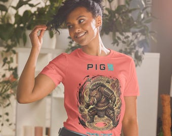 T-shirt met het Chinese dierenriemteken van het varken (猪), mystiek manga varken grafisch T-shirt, astrologisch waterteken varken shirt, top met Aziatische hemelse sterrenbeelden, esoterische GIF