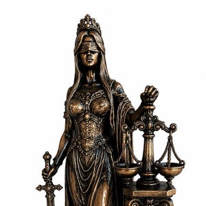 May include: A bronze-colored statue of Themis, the Greek personification of justice. She is blindfolded, holding a sword in one hand and scales in the other. The statue stands on a rectangular base with the name "THEMIS" inscribed.