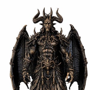 Könnte beinhalten: Eine bronzefarbene Statue einer geflügelten, gehörnten Figur mit muskulösem Oberkörper, die auf einem rechteckigen Sockel steht. Die Figur hat große, strukturierte Flügel, Klauenfüße und detaillierte Rüstungselemente. Der Name Azazel ist auf dem Sockel eingraviert.