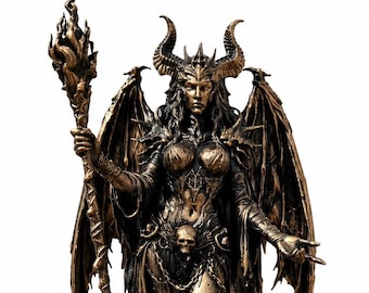 Puede incluir: Estatua de bronce de Lilith, una figura femenina con cuernos, alas y un báculo con una llama. Una serpiente se enrosca a sus pies y una calavera descansa cerca. La estatua está sobre una base rectangular con el nombre "LILITH" inscrito.