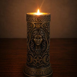 May include: A cylindrical candle holder with a dark bronze finish, featuring a relief of a woman's face, a pentagram, and moon phases. The top rim has a braided pattern, and the base displays runic-style lettering. A single flame burns inside.