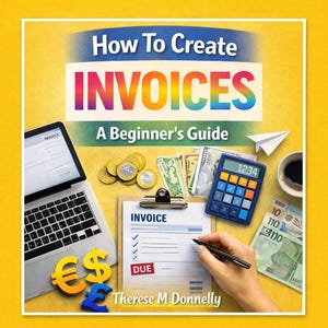 May include: A book cover with the title "How To Create INVOICES: A Beginner's Guide". The image features a laptop, calculator, money, coins, and a hand filling out an invoice. The author's name, Therese M Donnelly, is displayed at the bottom.