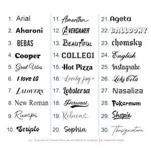 Puede incluir: Un fondo blanco muestra una selecci&oacute;n de 30 estilos de fuente diferentes, cada uno con un nombre &uacute;nico. Las fuentes var&iacute;an desde negritas sin serifa hasta cursivas elegantes, con ejemplos como "Arial", "Cooper" y "Great Vibes". El texto "ps: Si no eliges una fuente, usaremos la fuente 1 por defecto."