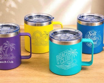 Beach Club Laser Engraved Coffee Mug, Custom Tumbler, Personalized 12 oz Tumbler, Stainless Steel water cup, Bridesmaid cup, Insulated Cup
