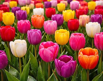 Bulbos de tulipanes arcoíris mixtos: flores de primavera multicolores, flores altas y llamativas para el jardín.