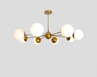 Modern Brass Globe Chandelier, Mid Century Sputnik Light Fixture, Luxury Dining Room Lighting