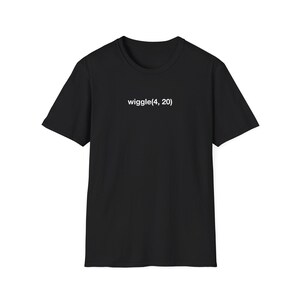 May include: Black crew neck t-shirt with the text "wiggle(4, 20)" printed in white. The short-sleeved shirt is made of a soft material and is suitable for casual wear.