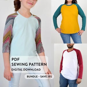 Puede incluir: Imagen de tres camisetas de manga raglán. Una es azul claro con mangas estampadas, otra es amarilla con mangas verde azulado y la tercera es blanca con mangas granate. El texto en la imagen dice "PDF SEWING PATTERN DIGITAL DOWNLOAD BUNDLE - SAVE 25%."