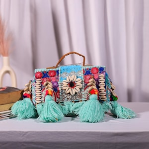 Boho Embroidered Clutch Bag, Handmade Shell Tassel Purse, Colorful Ethnic Evening Bag, Festival Crossbody Clutch, Unique Gift for Women