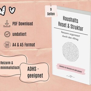 Könnte beinhalten: Ein weißes Buch mit dem Titel "Haushalts Reset & Struktur" mit deutschem Text. Das Cover zeigt ein geometrisches Design und den Text "Reizarm organisiert durch den Alltag". Es ist für Menschen mit ADHS geeignet. Das Buch ist ein PDF-Download im A4- und A5-Format.