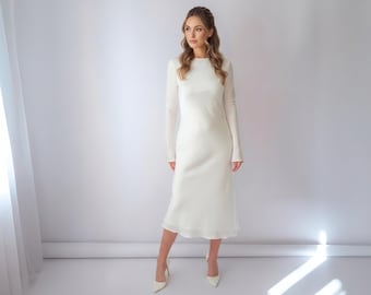 Ivory Silk Midi Dress with Long Sleeve - Bridesmaids, Wedding Guest Outfit, Formal Satin Gown