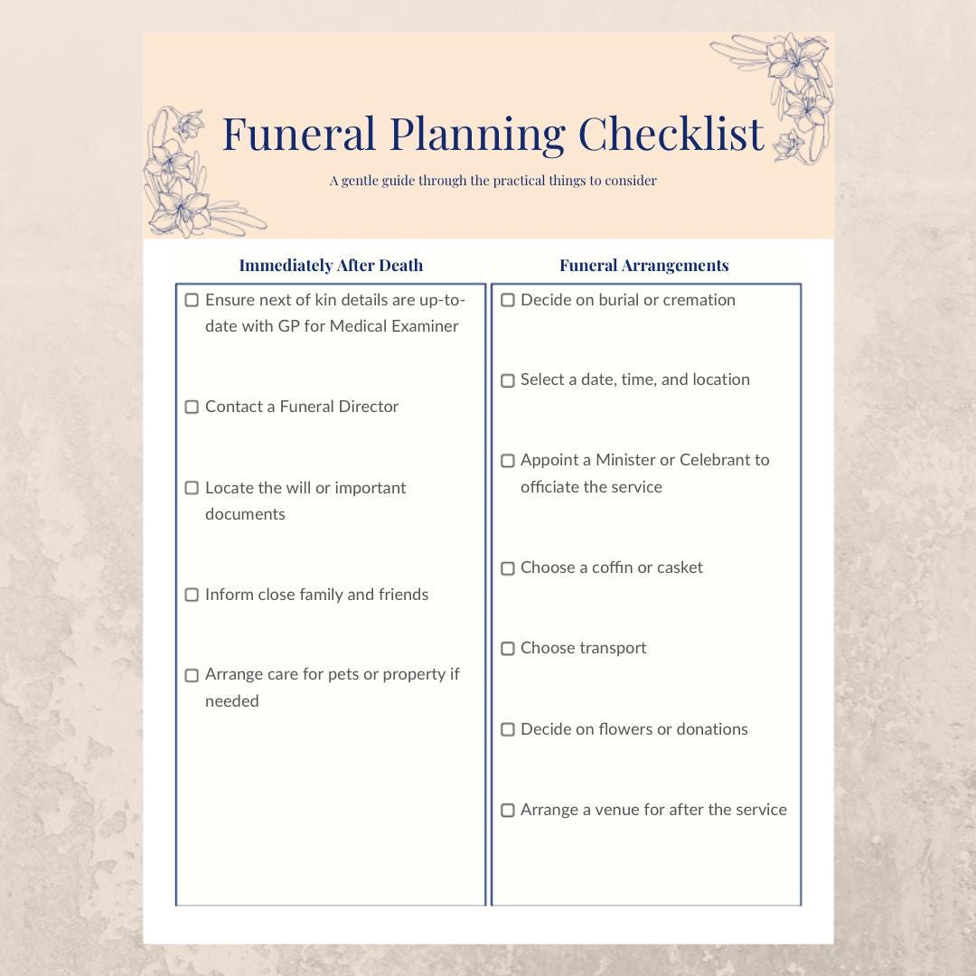 Funeral Planning Checklist Printable End of Life Planner Bereavement ...