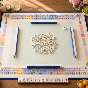 May include: A complete Mahjong set with a light blue playing surface, surrounded by a blue border. The set includes tiles, racks, and a dice. The border features colorful houses and palm trees. Various snacks and drinks are arranged around the game.