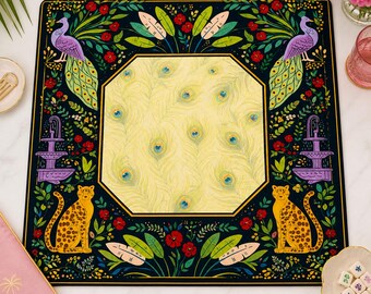 Tapis de mahjong léopard paon | Housse de table à jeux florale | Décoration preppy bleu marine