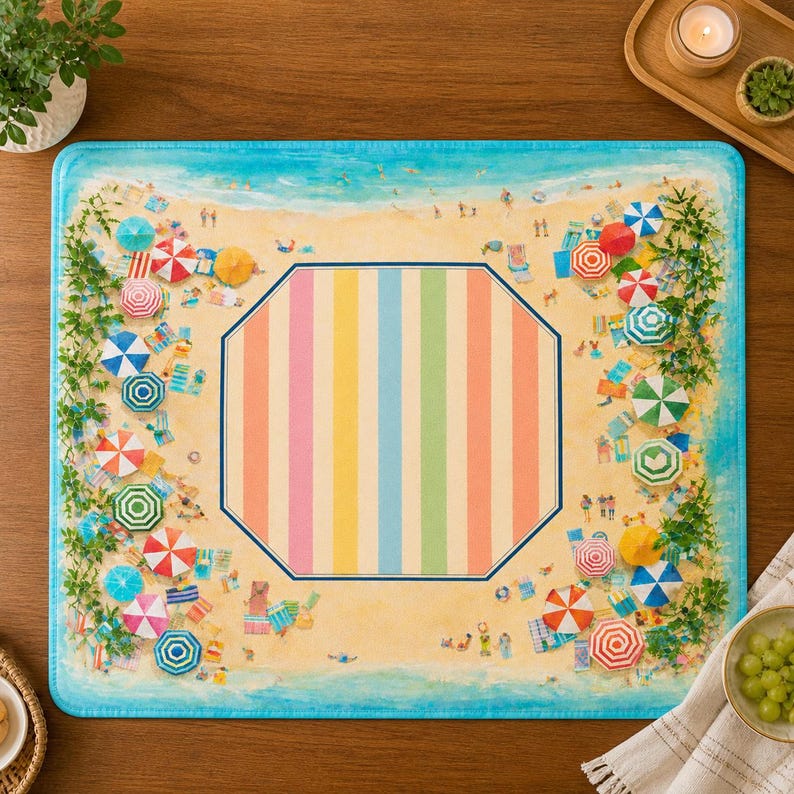 Beach Club Mahjong Mat, Coastal Palm Design, Resort Umbrella Game Mat image 1