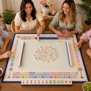 May include: A group of four people playing a Mahjong game on a wooden table. The game board has a colorful coastal town design. The tiles are white with black symbols. Bowls of fruit and drinks are also on the table.