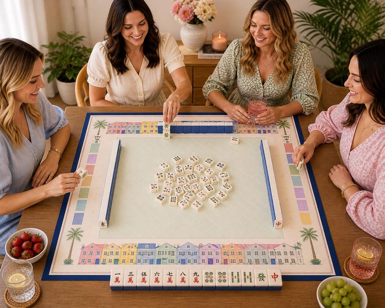 May include: A group of four people playing a Mahjong game on a wooden table. The game board has a colorful coastal town design. The tiles are white with black symbols. Bowls of fruit and drinks are also on the table.