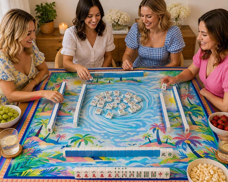 Pu&ograve; includere: Quattro donne giocano a Mahjong su un tavolo con un tappetino a tema tropicale. Le tessere sono bianche con simboli neri. Sono visibili ciotole con snack e bevande. La scena &egrave; luminosa e colorata.