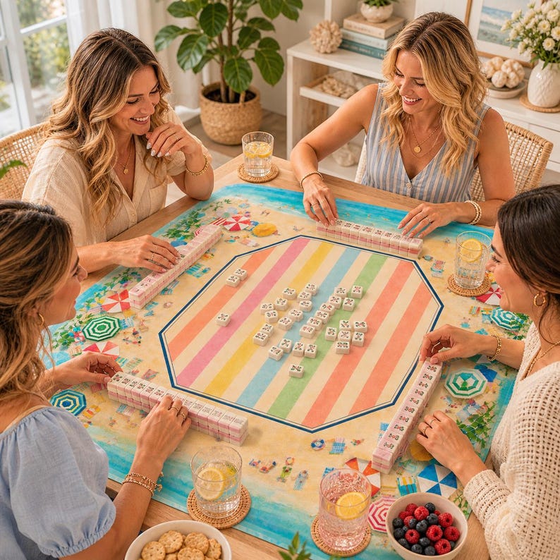 May include: Four women playing a game of Mahjong around a wooden table. The game board features a beach-themed design with colorful stripes and beach elements. The players are holding tiles and enjoying drinks and snacks.