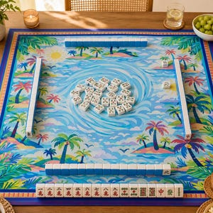 Pu&ograve; includere: Un colorato set di Mahjong a tema isola tropicale. Il tabellone presenta un design oceano blu con palme e un sole luminoso. Tessere e rastrelliere bianche sono disposte sul tabellone, pronte per giocare.