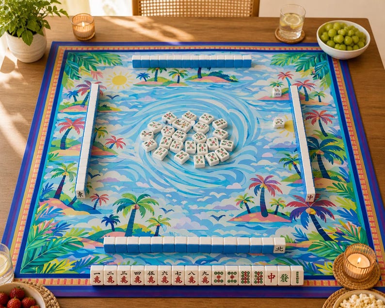 Pu&ograve; includere: Un colorato set di Mahjong a tema isola tropicale. Il tabellone presenta un design oceano blu con palme e un sole luminoso. Tessere e rastrelliere bianche sono disposte sul tabellone, pronte per giocare.