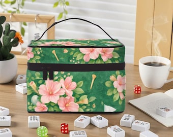 Sac pour tuile de mahjong floral azalée, rangement inspiré du golf, accessoires rose-vert