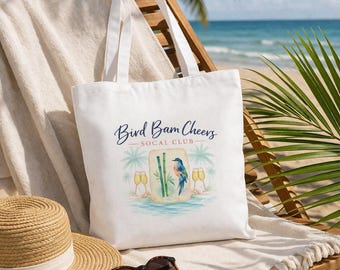 Sac fourre-tout en toile, sac de plage de mahjong côtier, motif oiseau en bambou peint à la main
