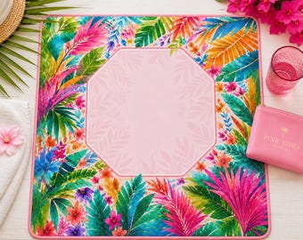 Tapis de mahjong tropical | Housse de jeu florale rose Palm Beach | Décoration côtière