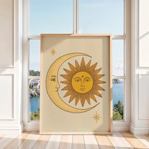Väggkonst med himmelsk sol och måne, vintage tarotillustration, astrologidekor i Cottagecore, affisch med guldfärgade streck, kosmiskt tryck