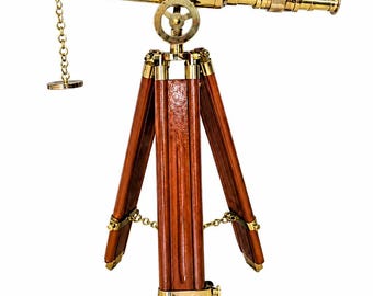 Brass Telescope with Wooden Tripod Stand – Nautical Spyglass Decor – Antique Maritime Home Office Desk