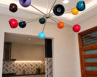12 Arm Messing Sputnik Kronleuchter, Mid Century Modern Multicolor Deckenleuchte Leuchte
