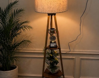 Modern Tripod Floor Lamp with Shelf – 5 Ft Tall Fabric Lighting Home Décor