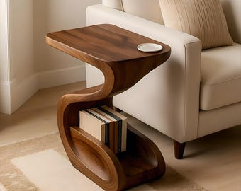 Mesita auxiliar moderna de madera con acabado en nogal y espacio de almacenamiento / Mesa de centro escultural