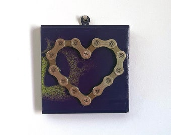 Recycled Bike Chain Heart on Reclaimed Wood , Purple Bicycle Valentine Art and Accessories