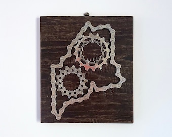 Map of Maine made from Recycled Bike Chain and Reclaimed Wood , Bicycle Lovers Art,  Upcycled Wall Sculpture