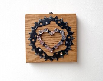 Recycled Bike Chain Heart on Reclaimed Oak Wood , Bicycle Art and Accessories , Love Wall Hanging