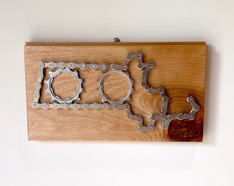 Massachusetts Map in Recycled Bicycle Chain on Reclaimed Wood , Bike Accessories