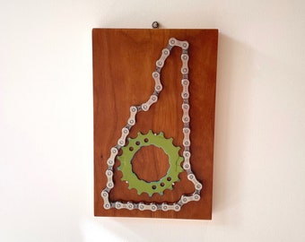 Map of NH made from Recycled Bike Chain and Reclaimed Wood , Bicycle Lovers Art,  Upcycled Wall Sculpture